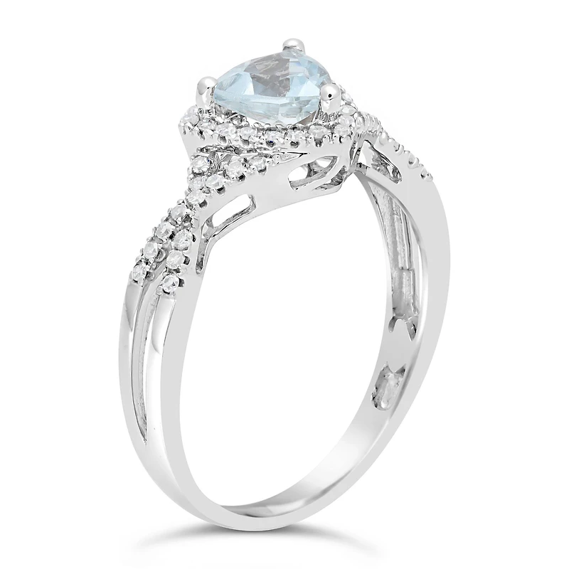 Womens 1/5 CT. Genuine Blue Aquamarine 10K Gold Halo Crossover Cocktail Ring