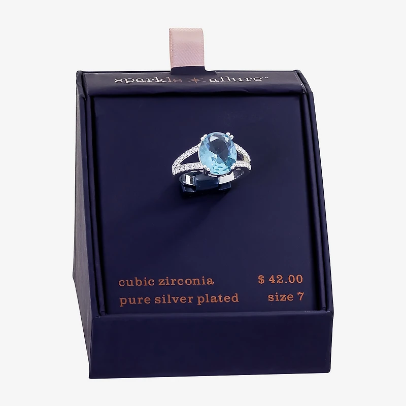 Sparkle Allure Womens Blue Cubic Zirconia Pure Silver Over Brass Oval Cocktail Ring