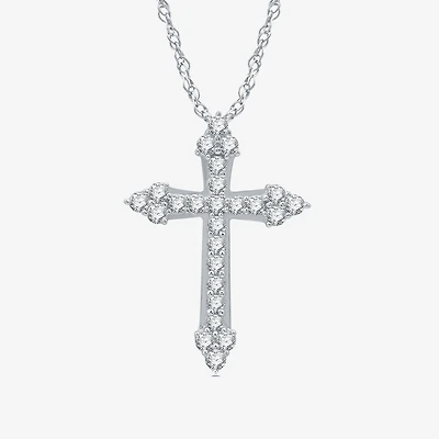 Womens 1 CT. T.W. Natural White Diamond Sterling Silver Cross 18 Inch Pendant Necklace