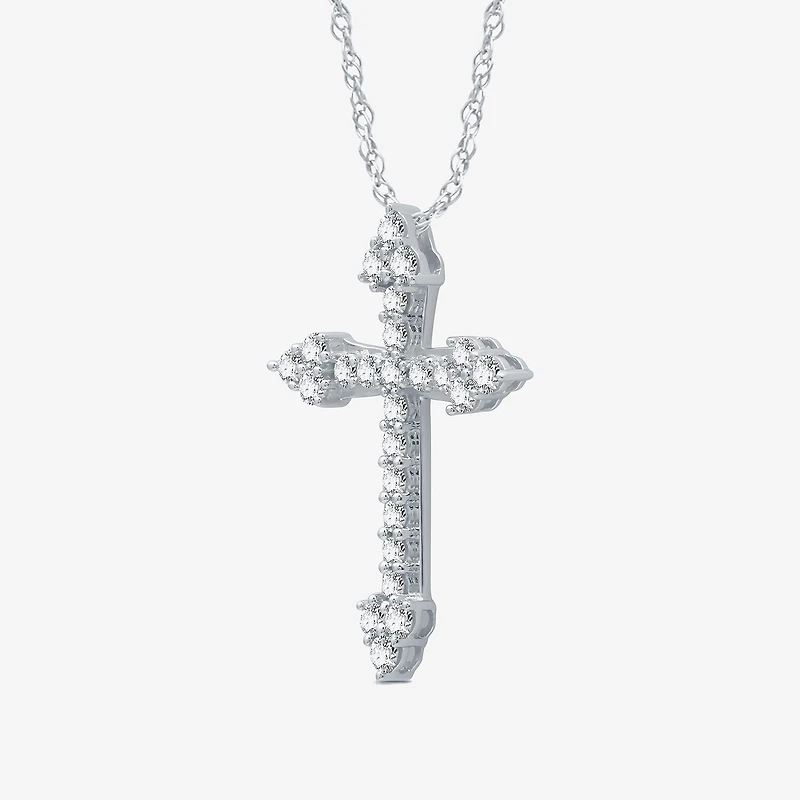 Womens 1 CT. T.W. Natural White Diamond Sterling Silver Cross 18 Inch Pendant Necklace