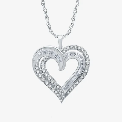Womens 1 CT. T.W. Natural White Diamond Sterling Silver Heart 18 Inch Pendant Necklace