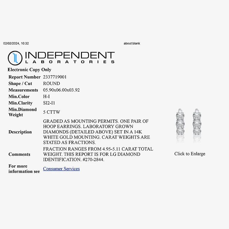 (H-I / Si2-I1) Womens 5 CT. T.W. Lab Grown White Diamond 14K Gold 18.9mm Hoop Earrings