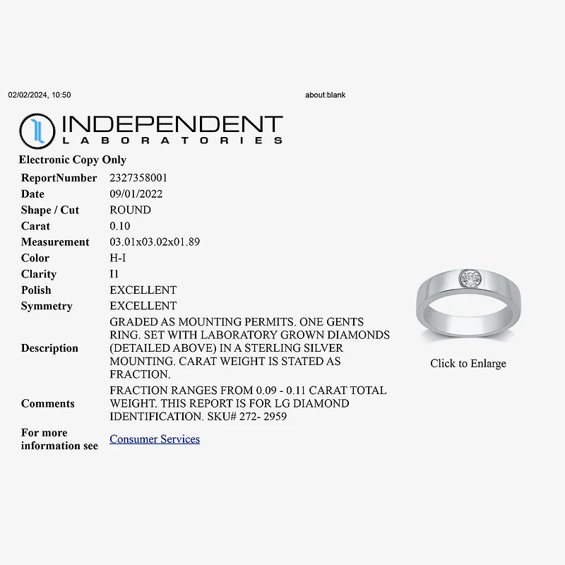 I Said Yes (H-I / I1) Mens 1/10 CT. T.W. Lab Grown White Diamond Sterling Silver Wedding Band