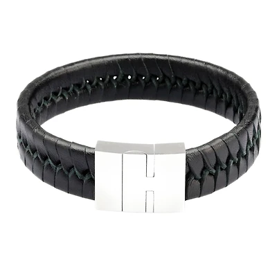 Mens Black Leather with Stainless Steel Bracelet