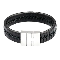 Mens Black Leather with Stainless Steel Bracelet
