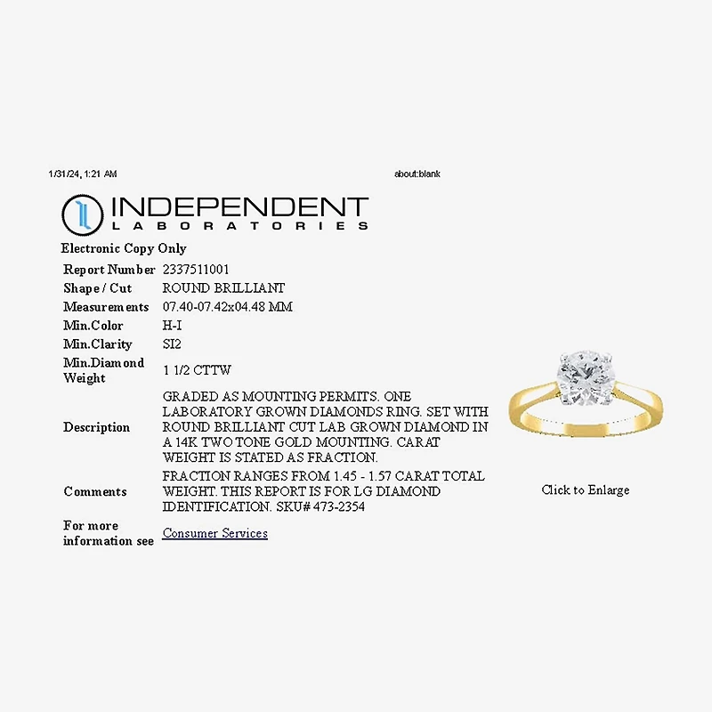 (H-I / Si2) Womens 1 1/2 CT. Lab Grown White Diamond 14K Gold Round Solitaire Engagement Ring