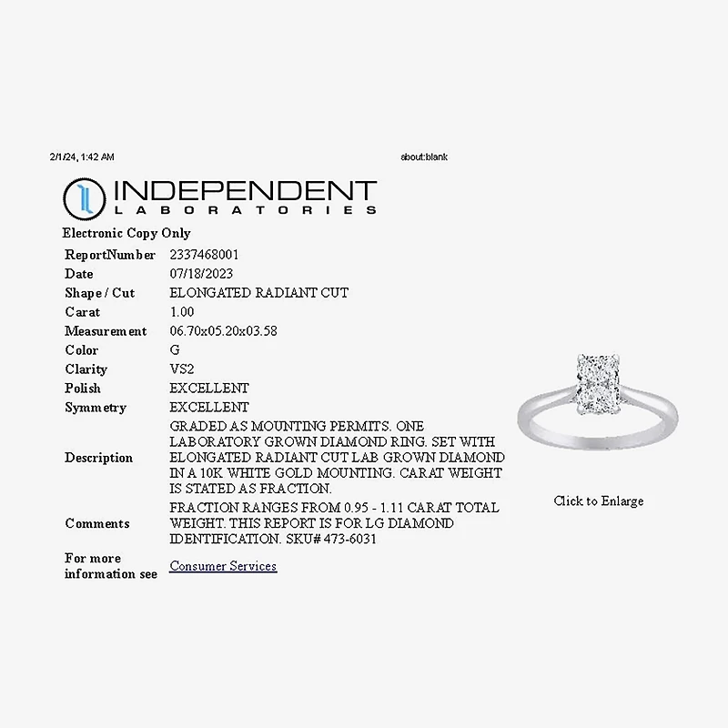 1 CT. Lab-Grown (G / VS2) Diamond Radiant-cut Solitaire Engagement Ring 10K Gold