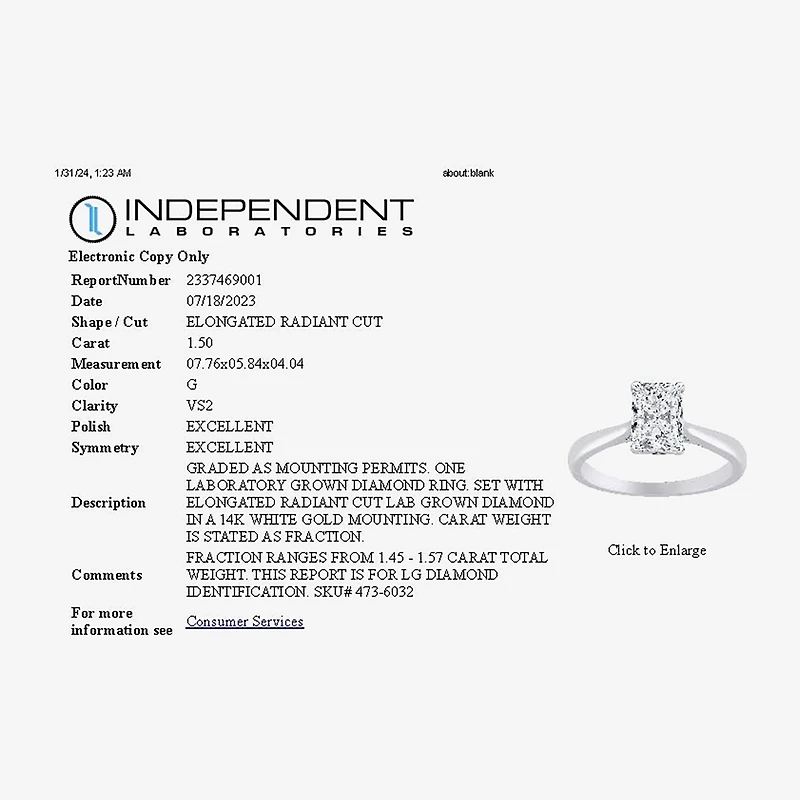 1 1/2 CT. Lab-Grown (G / VS2)  Diamond 14K Gold Radiant-Cut Solitaire Engagement Ring