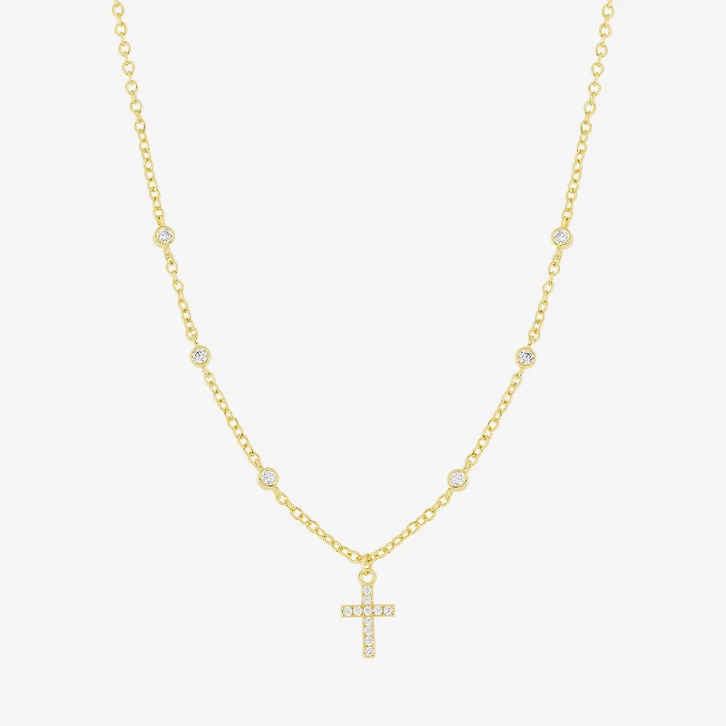 Silver Reflections Womens Cubic Zirconia 14K Gold Over Brass Cross 16 Inch Pendant Necklace