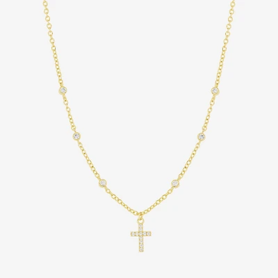 Silver Reflections Womens Cubic Zirconia 14K Gold Over Brass Cross 16 Inch Pendant Necklace