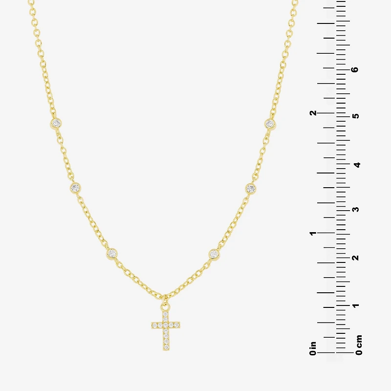 Silver Reflections Womens Cubic Zirconia 14K Gold Over Brass Cross 16 Inch Pendant Necklace