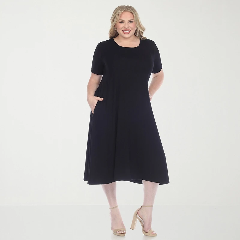 White Mark Womens Plus Midi Scoop Neck Short Sleeve A-Line Dress