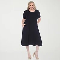 White Mark Womens Plus Midi Scoop Neck Short Sleeve A-Line Dress