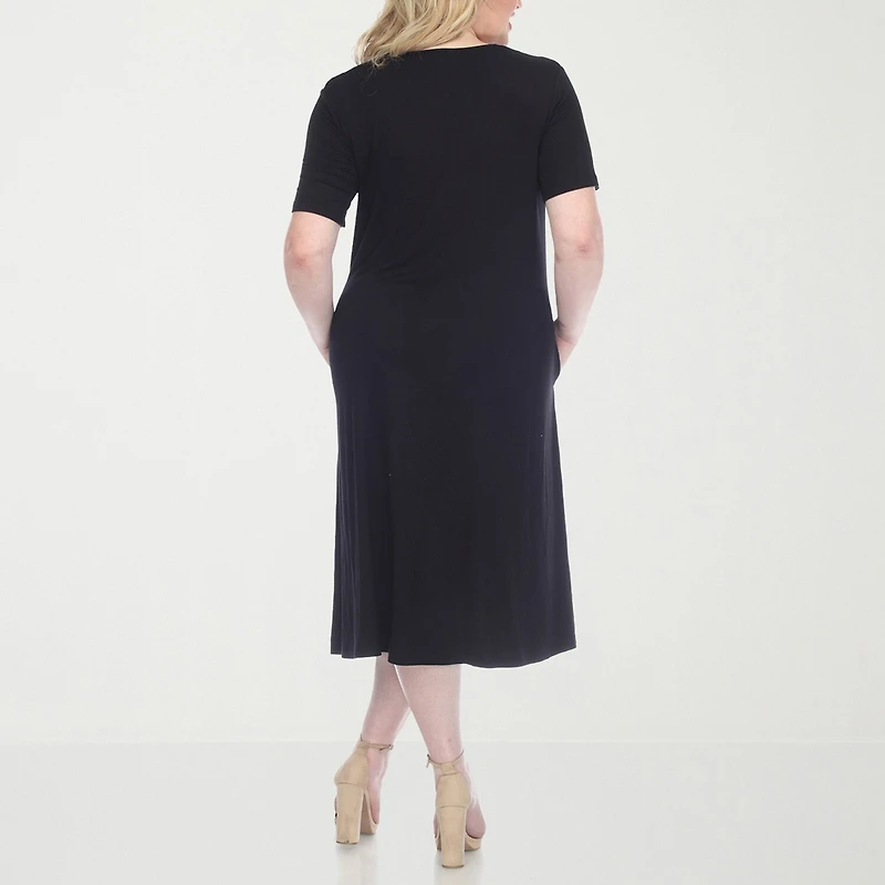 White Mark Womens Plus Midi Scoop Neck Short Sleeve A-Line Dress