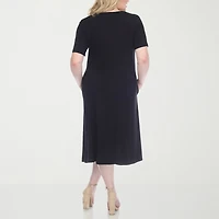 White Mark Womens Plus Midi Scoop Neck Short Sleeve A-Line Dress