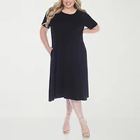 White Mark Womens Plus Midi Scoop Neck Short Sleeve A-Line Dress