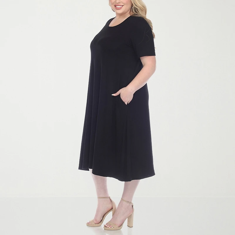 White Mark Womens Plus Midi Scoop Neck Short Sleeve A-Line Dress