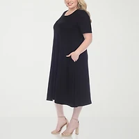 White Mark Womens Plus Midi Scoop Neck Short Sleeve A-Line Dress