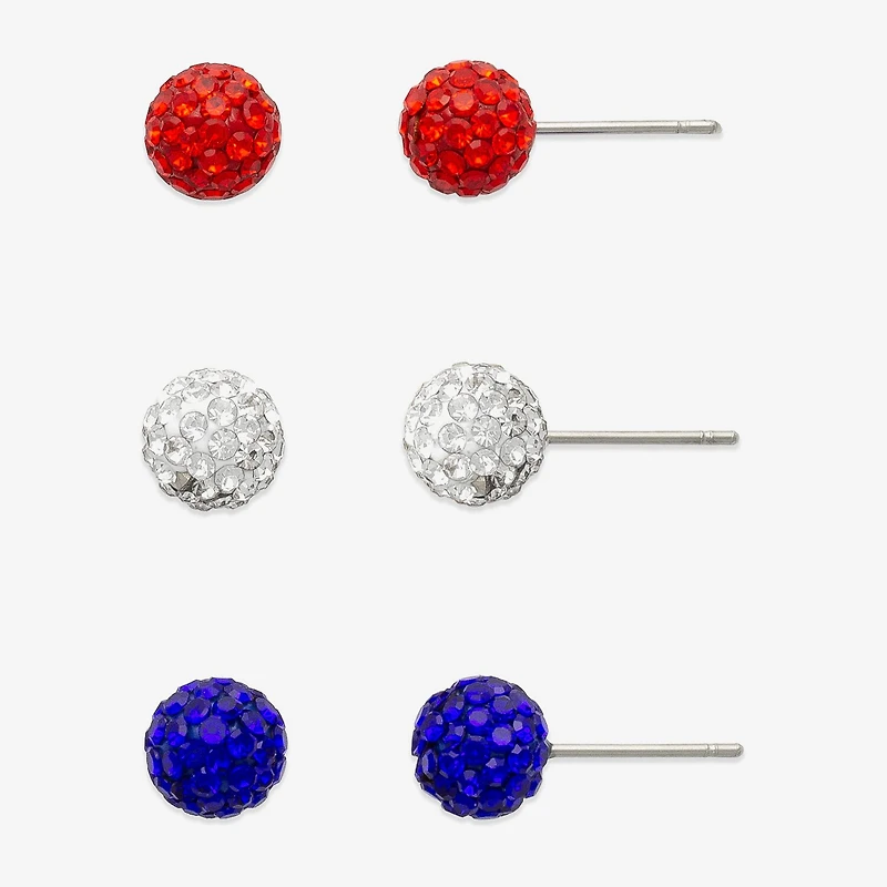 Mixit Patriotic Glitter Stud Womens Glass 3 Pair Earring Set