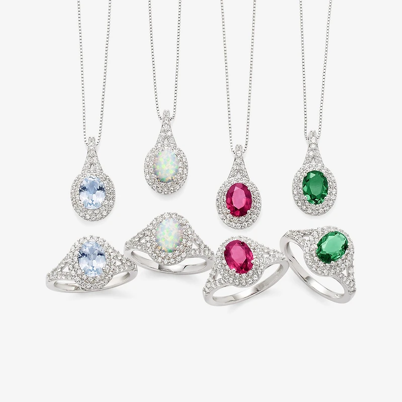 Gemstone & Lab-Created White Sapphire Sterling Silver Halo Pendant Necklace