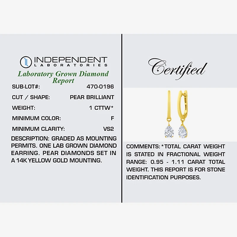 Floating Diamonds (F / Vs2) Womens 1 CT. T.W. Lab Grown White Diamond 14K Gold 23.3mm Pear Hoop Earrings