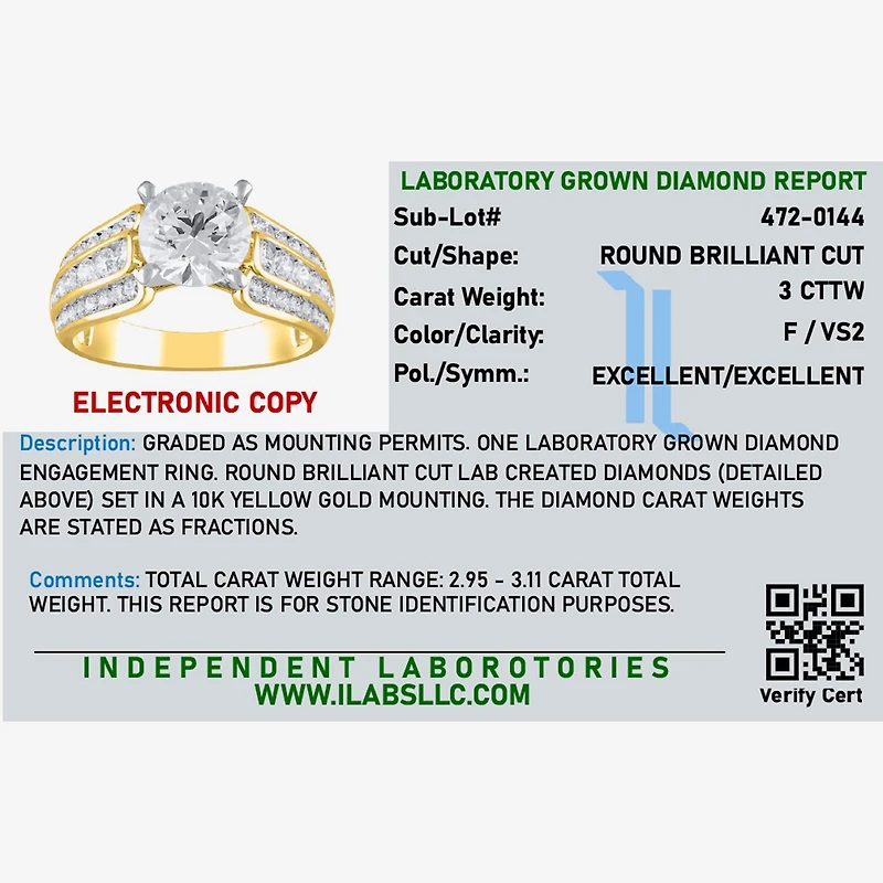 (F / Vs2) Womens 3 CT. T.W. Lab Grown White Diamond 10K Gold Round Side Stone Engagement Ring