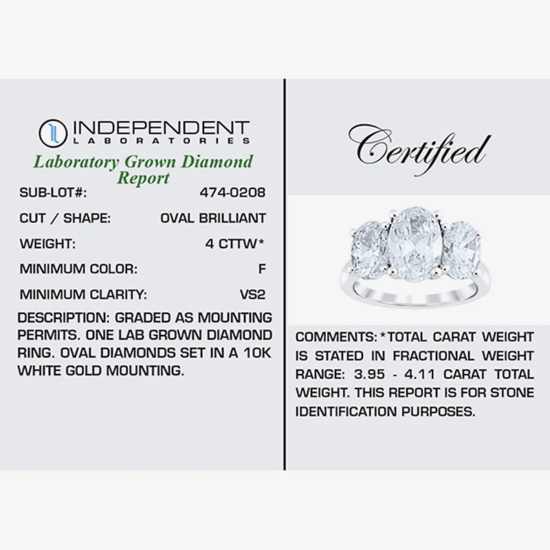 Love Lives Forever (F / Vs2) Womens 4 CT. T.W. Lab Grown White Diamond 10K Gold Oval 3-Stone Engagement Ring