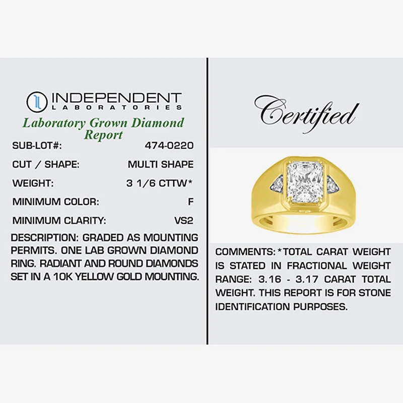 (F / Vs2) Mens 3 1/6 Ct. T.W. Lab Grown White Diamond 10K Gold Rectangular Engagement Ring
