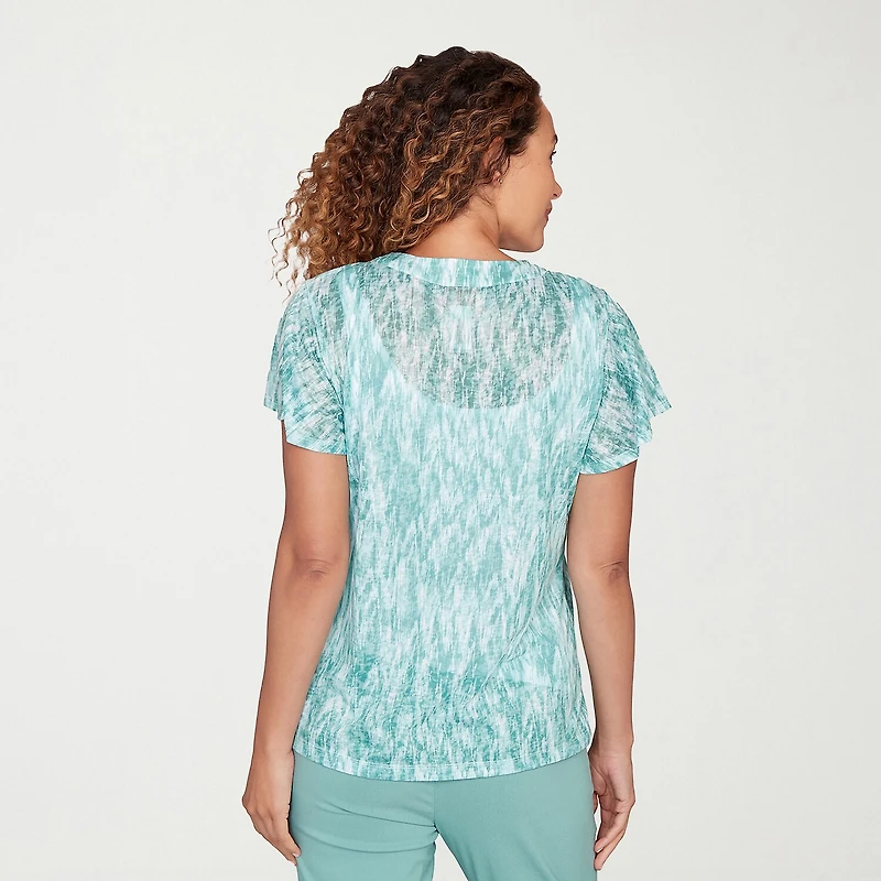 Hearts Of Palm Abstract Burnout Flutter Sleeve Womens V Neck Short T-Shirt