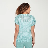 Hearts Of Palm Abstract Burnout Flutter Sleeve Womens V Neck Short T-Shirt