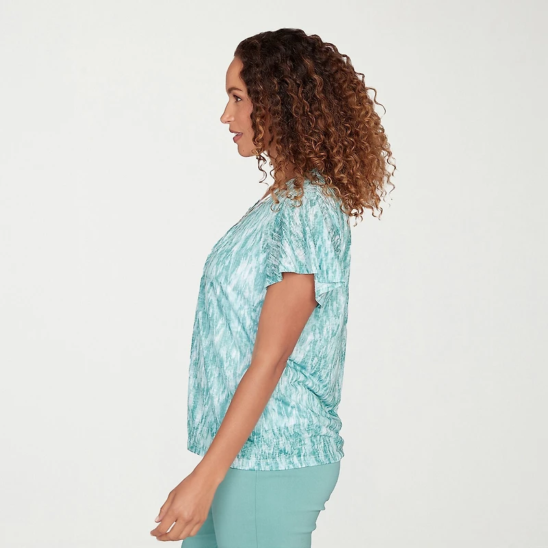 Hearts Of Palm Abstract Burnout Flutter Sleeve Womens V Neck Short T-Shirt