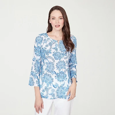 Hearts Of Palm Floral Peasant Sleeve Womens Round Neck 3/4 Embellished Blouse