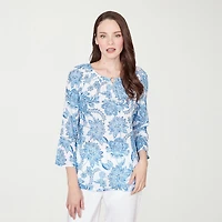 Hearts Of Palm Floral Peasant Sleeve Womens Round Neck 3/4 Embellished Blouse