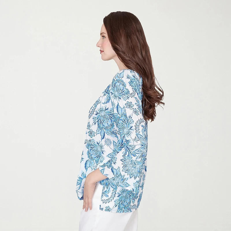 Hearts Of Palm Floral Peasant Sleeve Womens Round Neck 3/4 Embellished Blouse