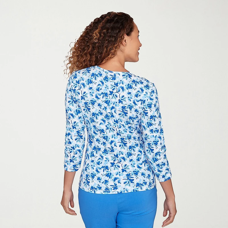 Hearts Of Palm Floral Side Ruched Womens V Neck 3/4 Sleeve T-Shirt