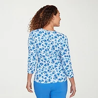 Hearts Of Palm Floral Side Ruched Womens V Neck 3/4 Sleeve T-Shirt