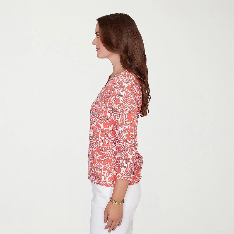 Hearts Of Palm Tropical Womens Split Crew Neck 3/4 Sleeve T-Shirt