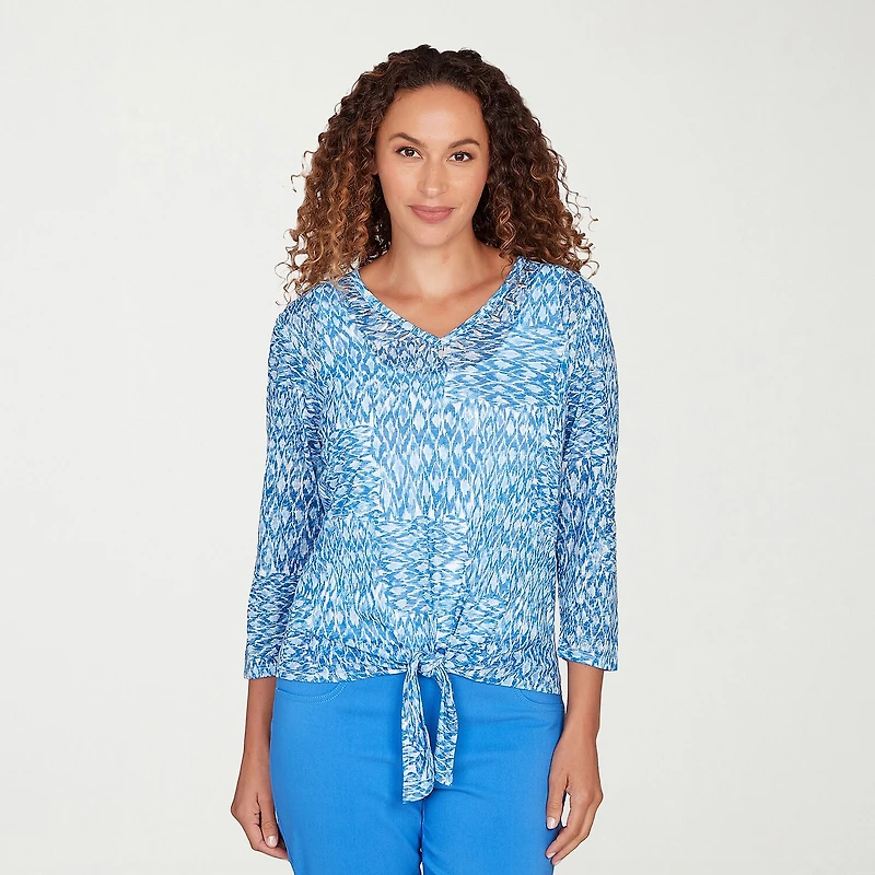 Hearts Of Palm Animal Burnout Tie Front Womens V Neck 3/4 Sleeve T-Shirt