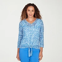 Hearts Of Palm Animal Burnout Tie Front Womens V Neck 3/4 Sleeve T-Shirt