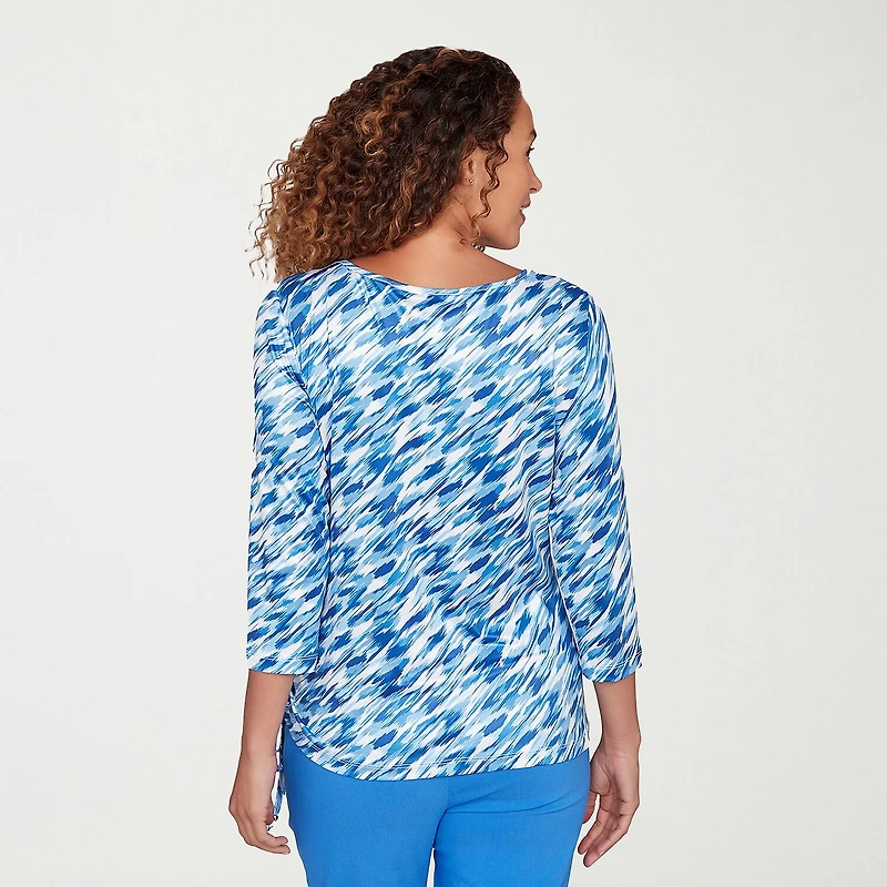 Hearts Of Palm Abstract Side-Drawstring Womens Round Neck 3/4 Sleeve T-Shirt