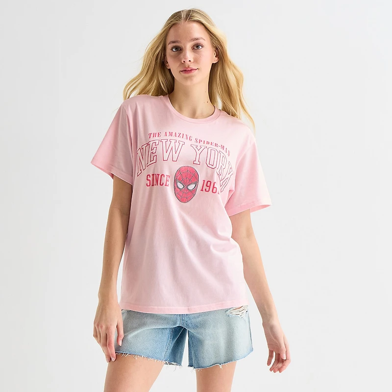 New York Boyfriend Tee Womens Juniors Crew Neck Short Sleeve Regular Fit Spiderman Graphic T-Shirt