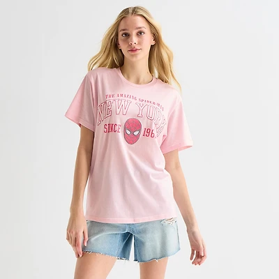 New York Boyfriend Tee Womens Juniors Crew Neck Short Sleeve Regular Fit Spiderman Graphic T-Shirt