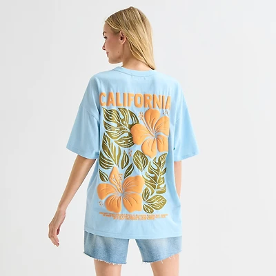 California Flower Market Oversized Tee Womens Juniors Crew Neck Short Sleeve Regular Fit Graphic T-Shirt