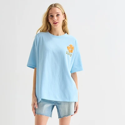 California Flower Market Oversized Tee Womens Juniors Crew Neck Short Sleeve Regular Fit Graphic T-Shirt