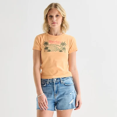 Hurley Womens Juniors Crew Neck Short Sleeve Fitted Graphic T-Shirt