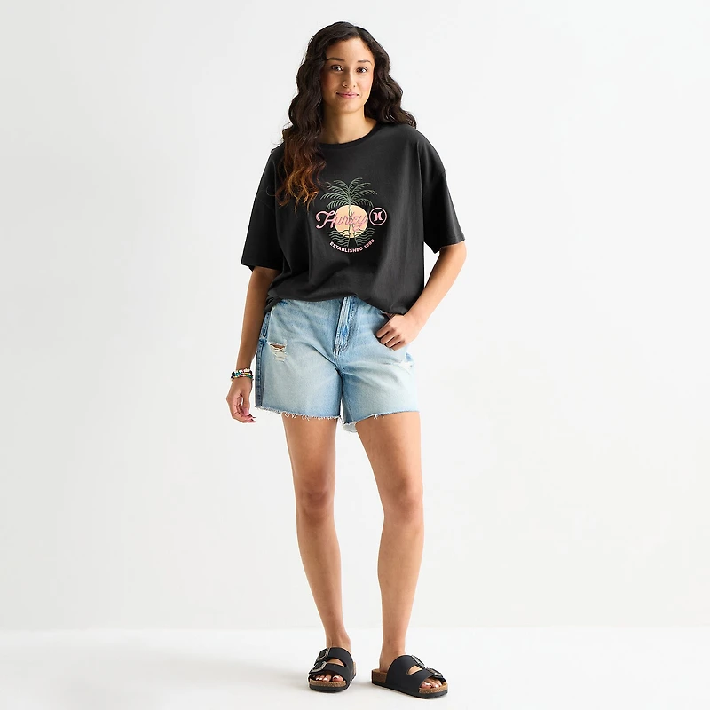Hurley Womens Juniors Crew Neck Short Sleeve Oversized Graphic T-Shirt