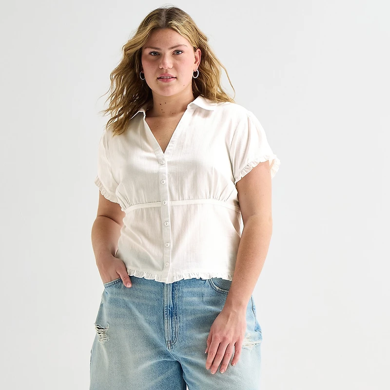 Forever 21 Womens Juniors Plus Short Sleeve Regular Fit Button-Down Shirt