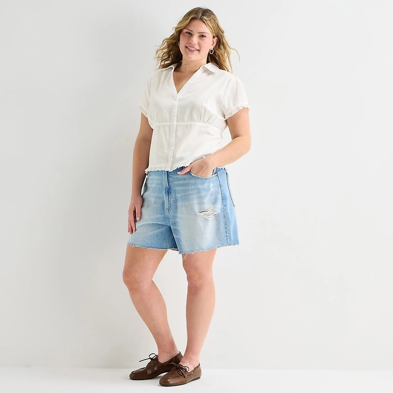 Forever 21 Womens Juniors Plus Short Sleeve Regular Fit Button-Down Shirt