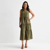 Liz Claiborne Womens Midi V Neck Sleeveless Peasant Dress