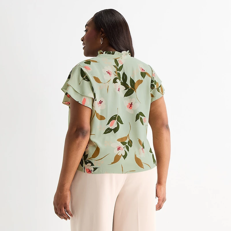 Liz Claiborne Womens Plus V Neck Short Sleeve Blouse